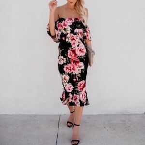 Vici Garden Party Havana Ruffle Midi Dress Off the Shoulders Bodycon Floral